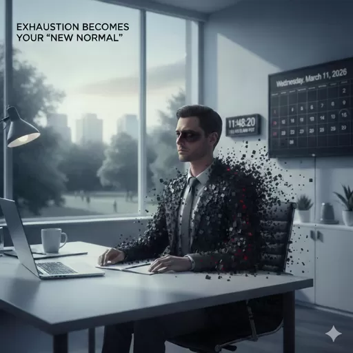 Exhaustion becomes your new normal, illustrated as a professional dissolving at his desk